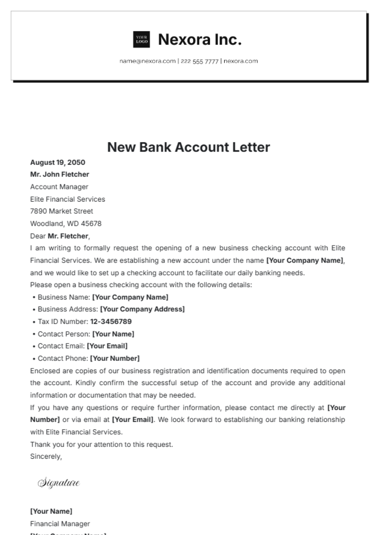 New Bank Account Letter Template