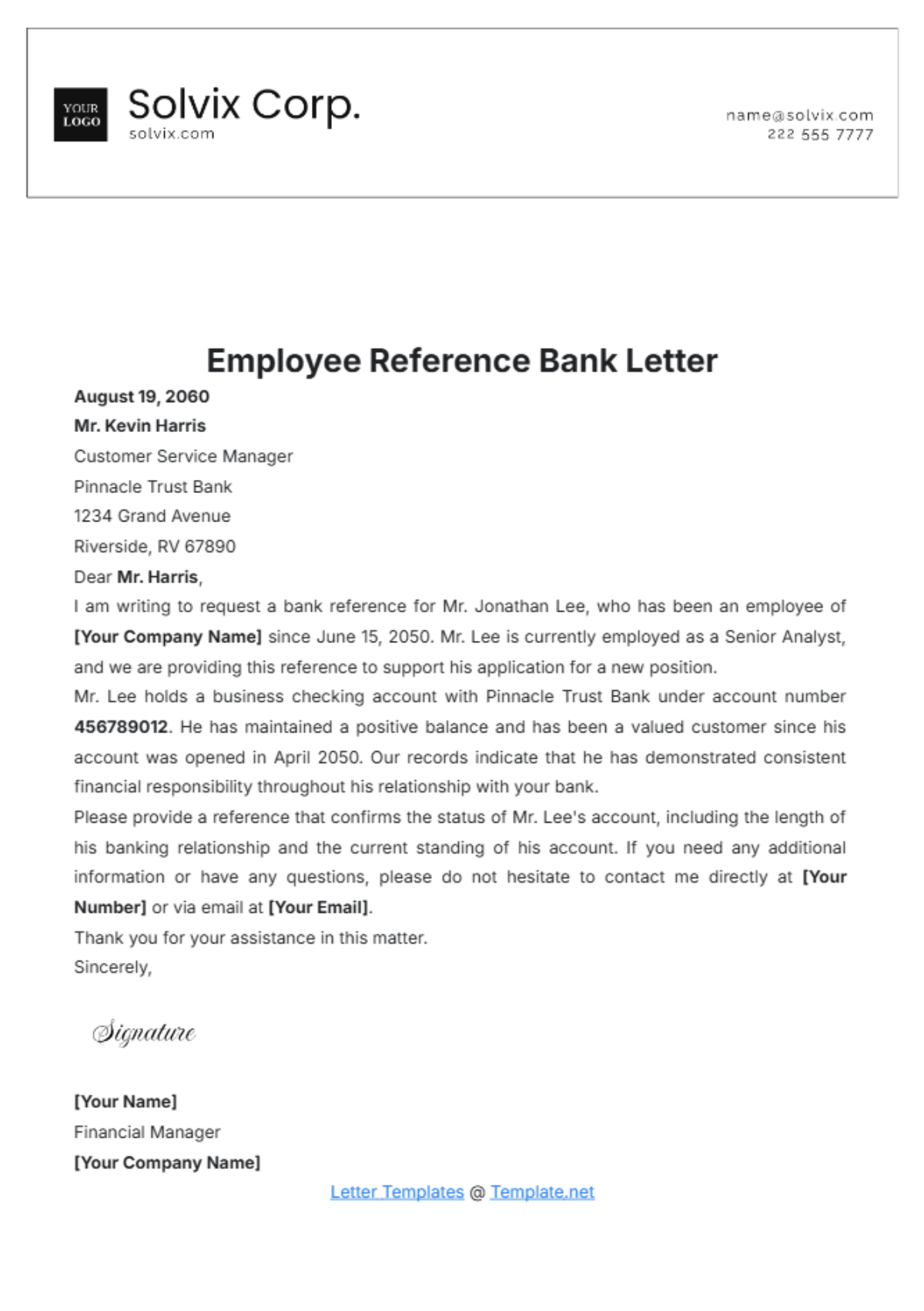 Employee Reference Bank Letter Template