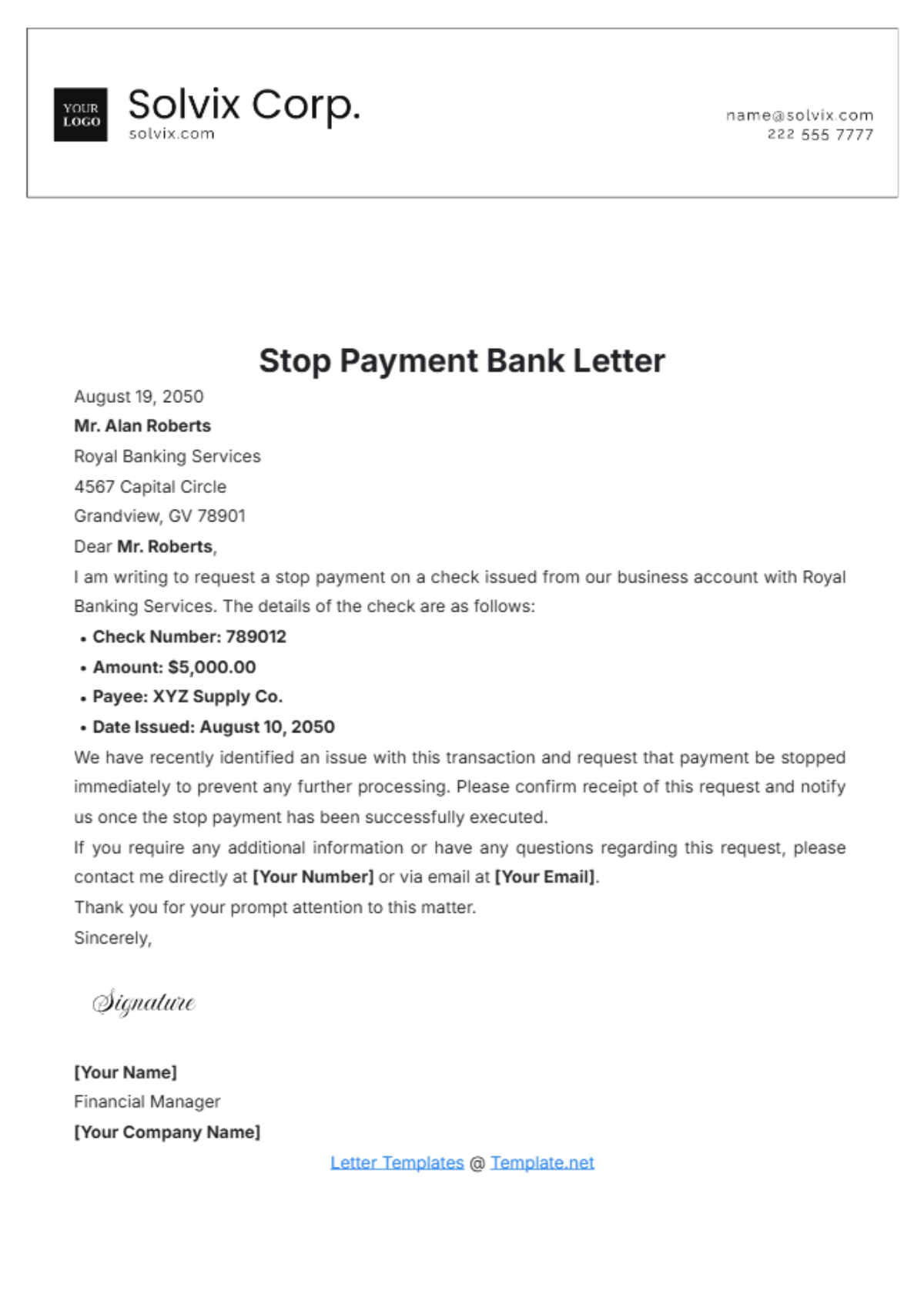 Stop Payment Bank Letter Template