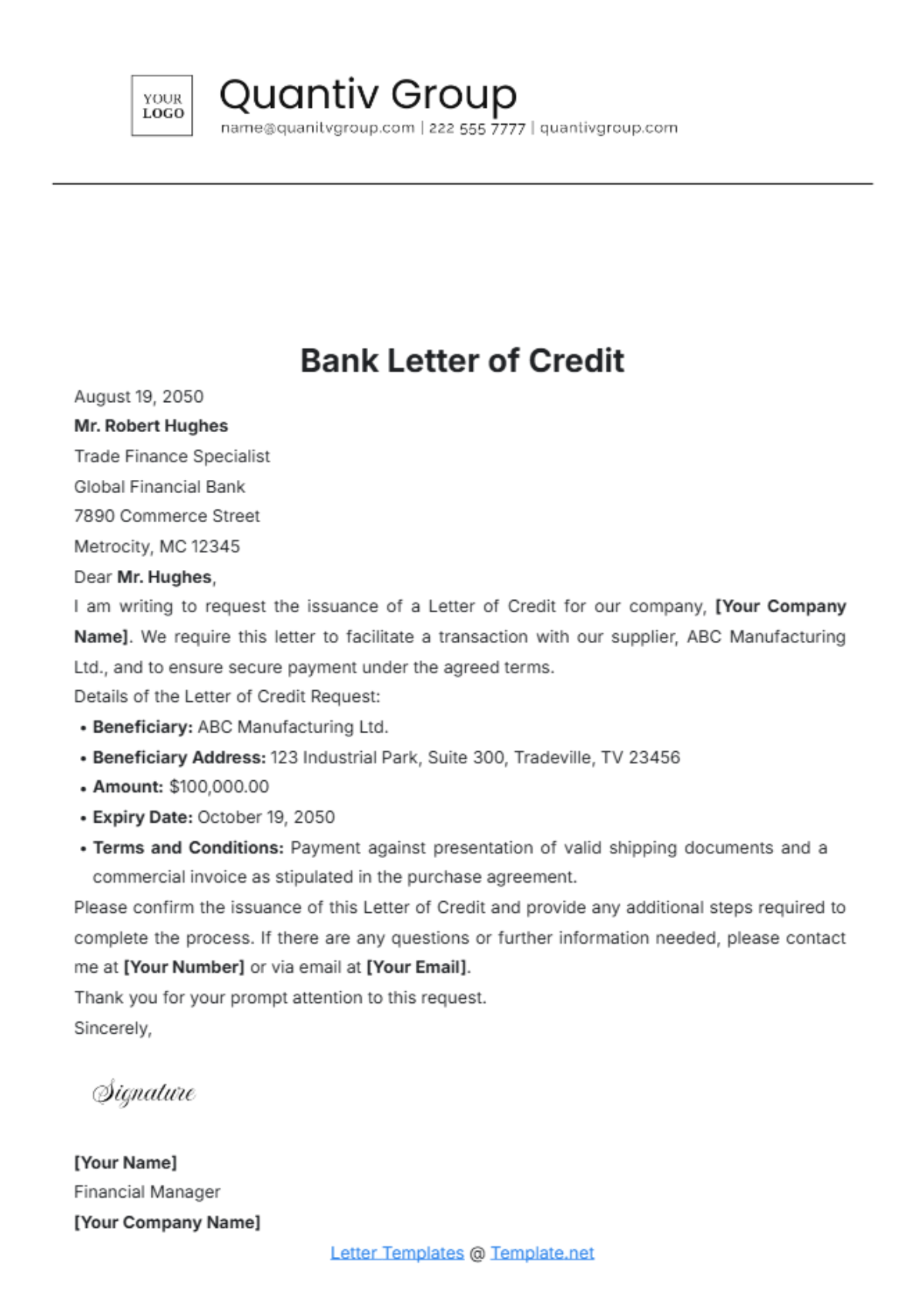 Bank Letter of Credit Template