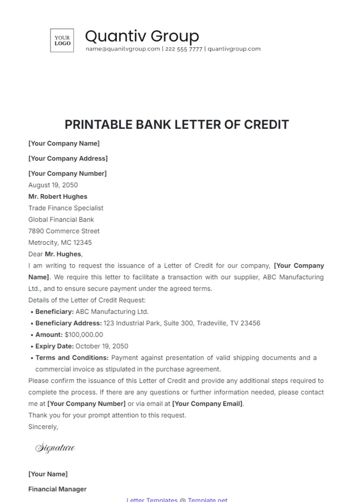 Printable Bank Letter of Credit Template - Edit Online & Download