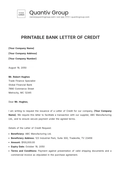 Free Printable Bank Letter of Credit Template to Edit Online