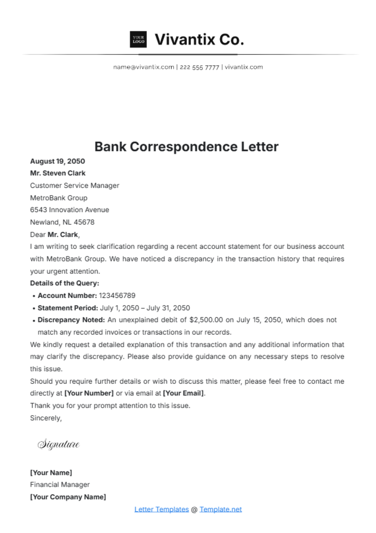 Bank Correspondence Letter Template