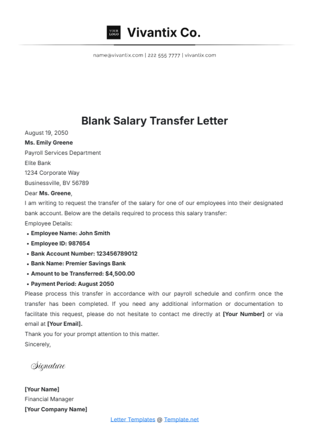 Blank Salary Transfer Letter Template