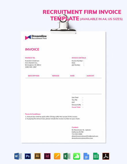 recruitment firm invoice template  word doc  excel  psd