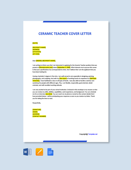 Ceramic Teacher Cover Letter Template - Google Docs, Word | Template.net