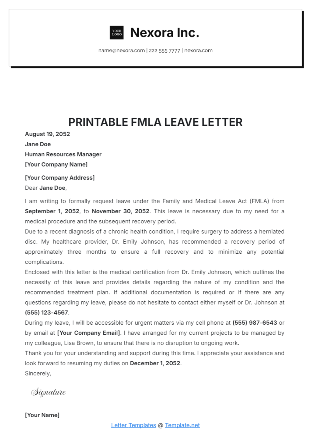 Printable FMLA Leave Letter Template - Edit Online & Download