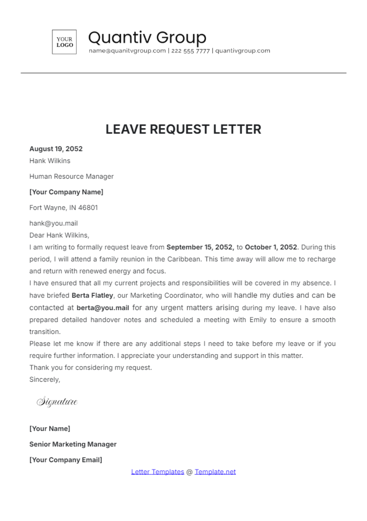 Leave Request Letter Template - Edit Online & Download