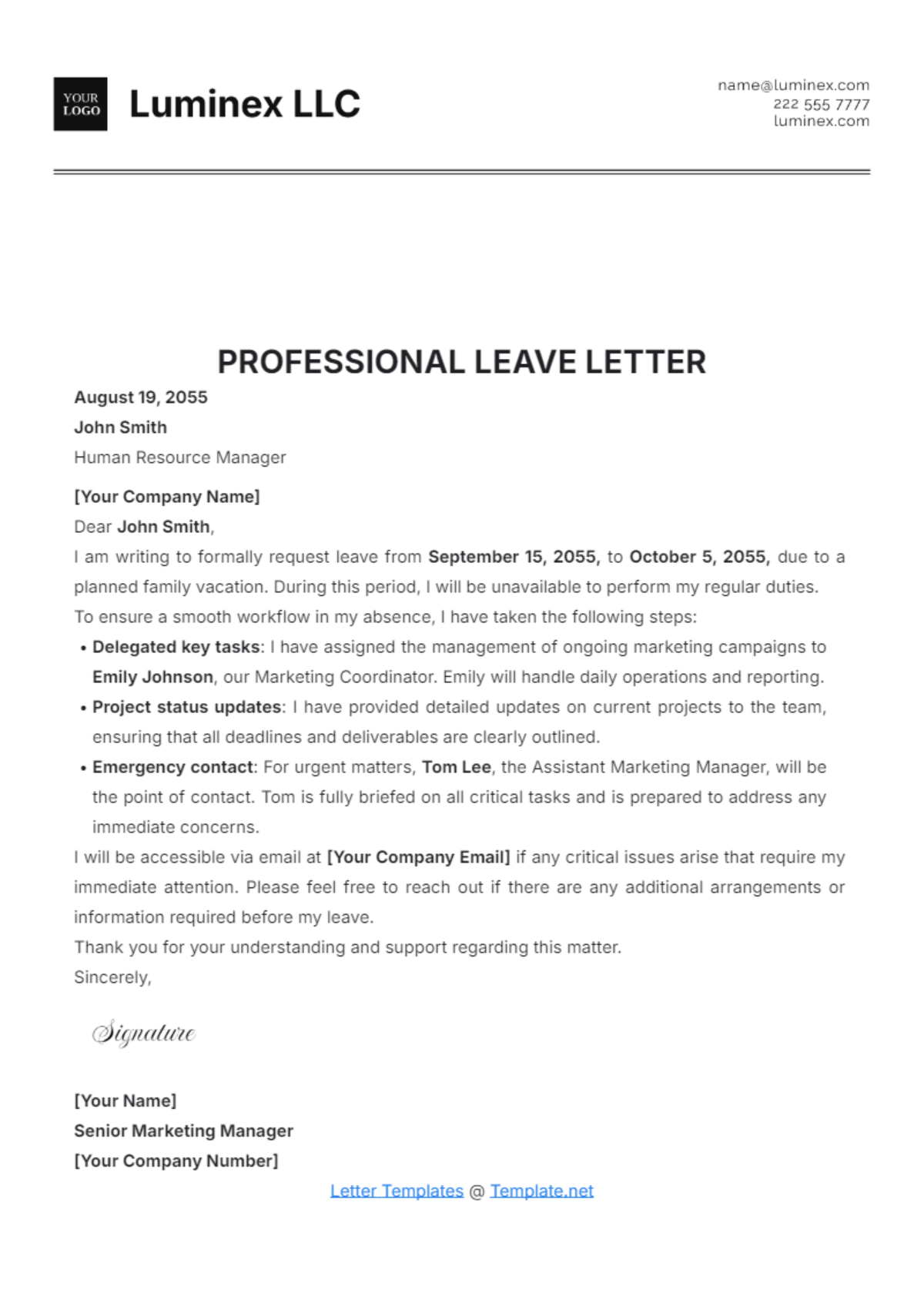 Professional Leave Letter Template - Edit Online & Download