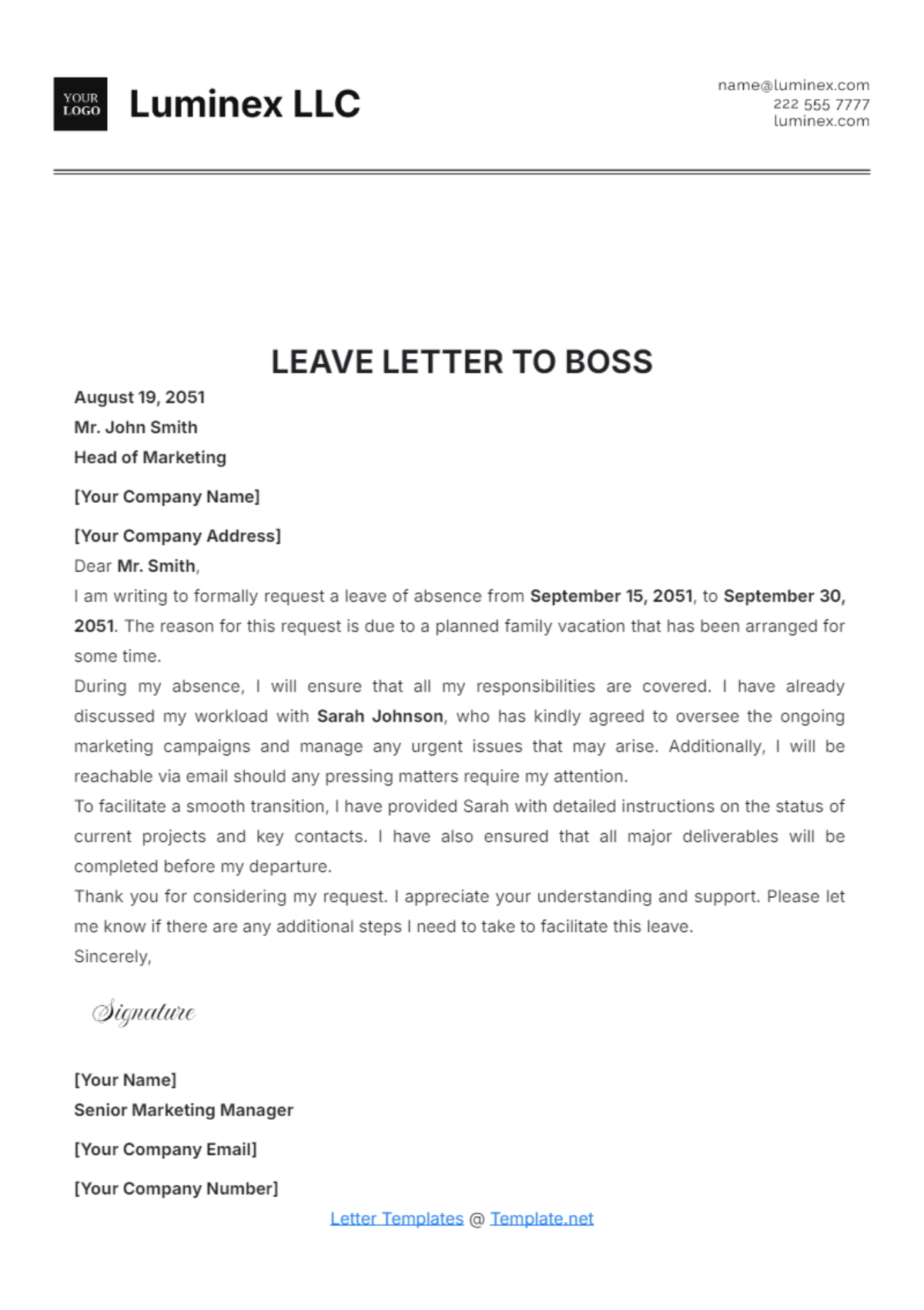 Leave Letter to Boss Template - Edit Online & Download