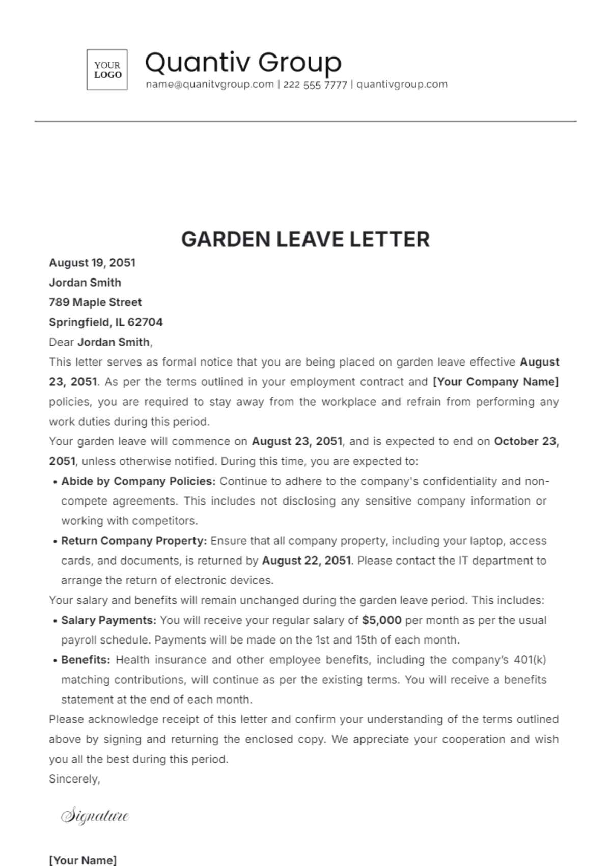 Garden Leave Letter Template - Edit Online & Download