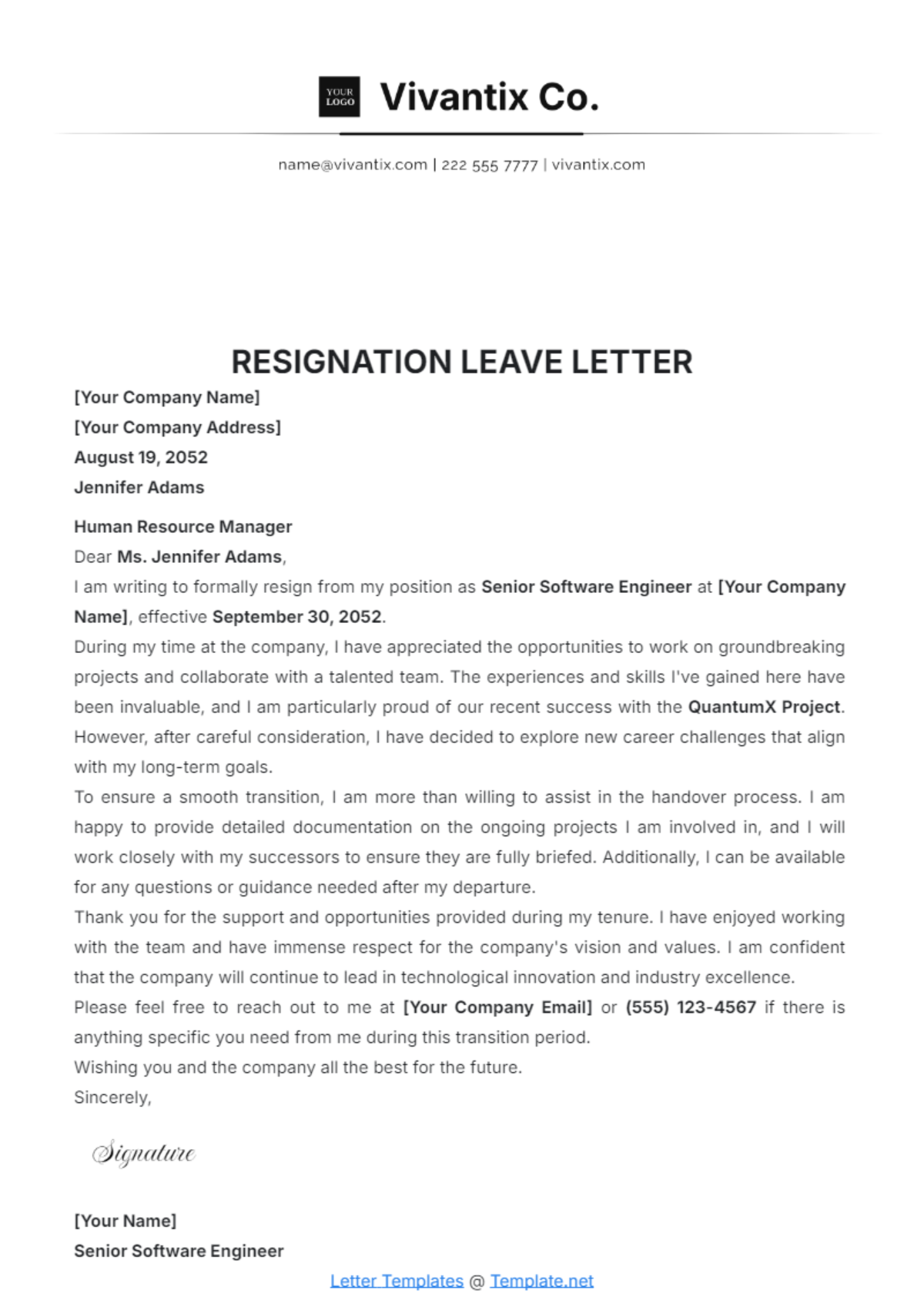 Resignation Leave Letter Template - Edit Online & Download