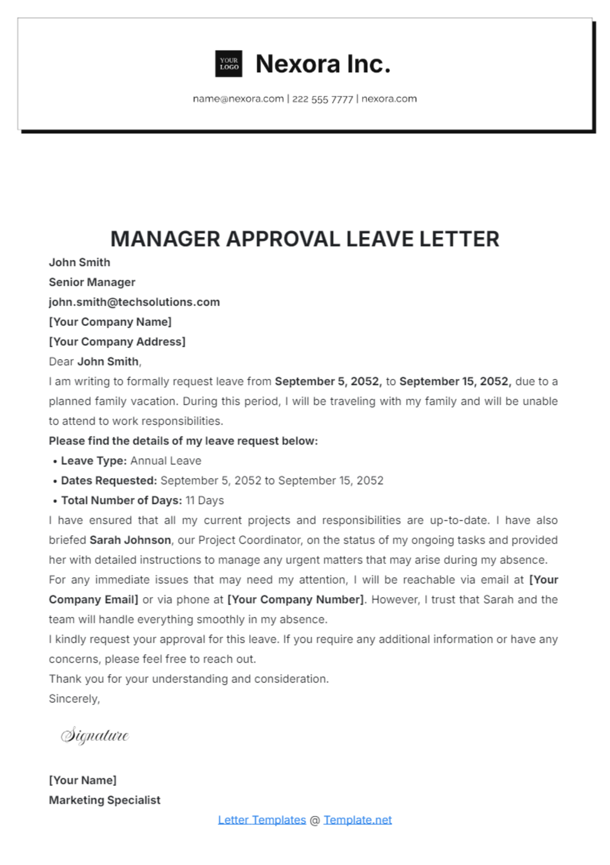 Manager Approval Leave Letter Template - Edit Online & Download