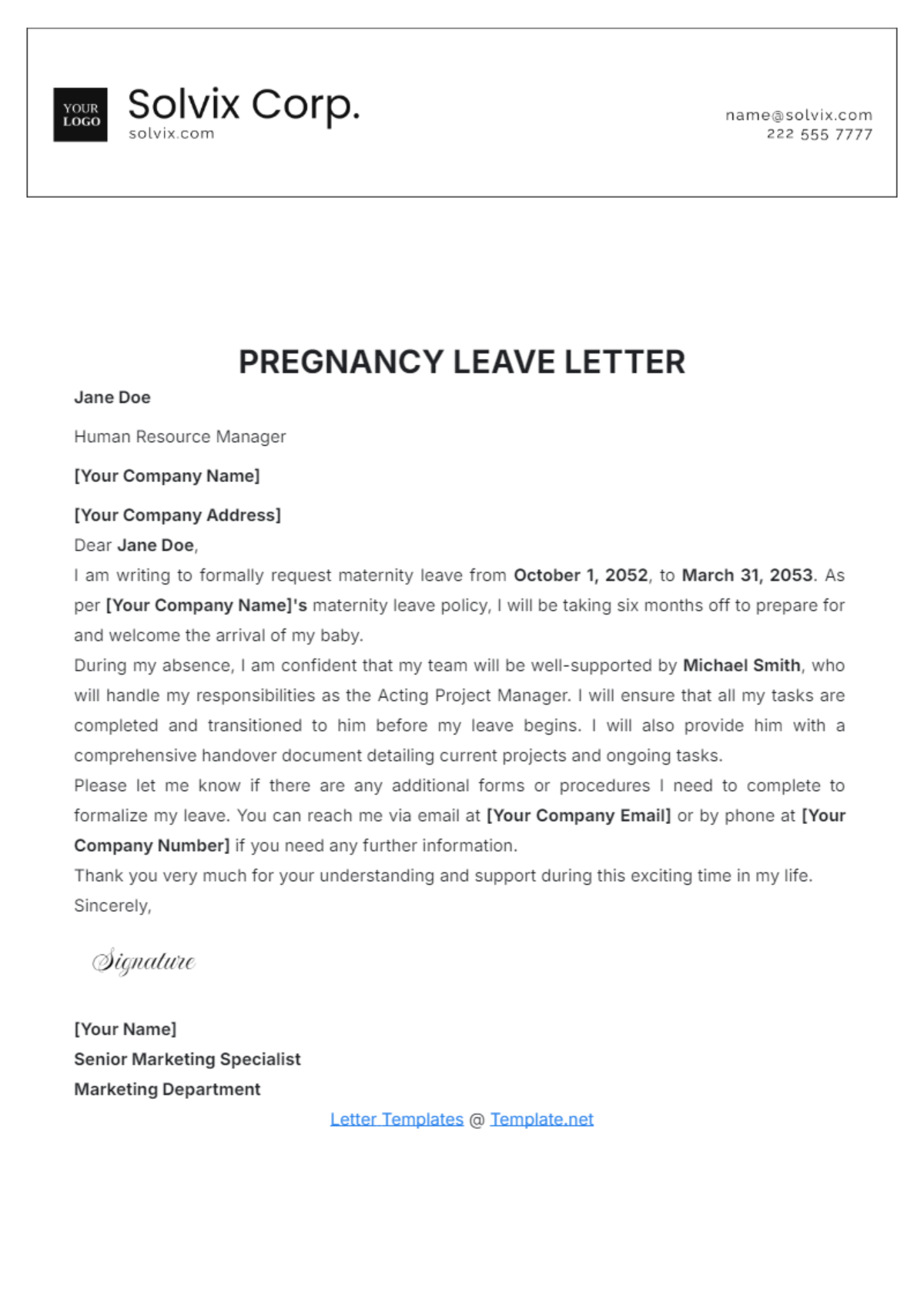 Pregnancy Leave Letter Template - Edit Online & Download