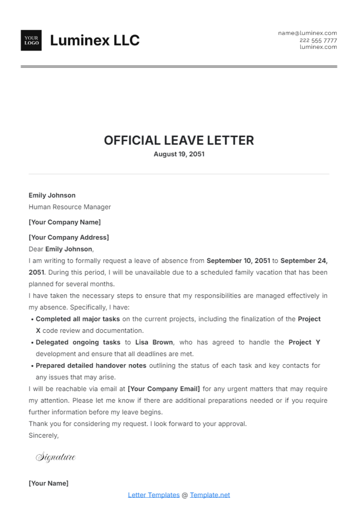 Official Leave Letter Template - Edit Online & Download