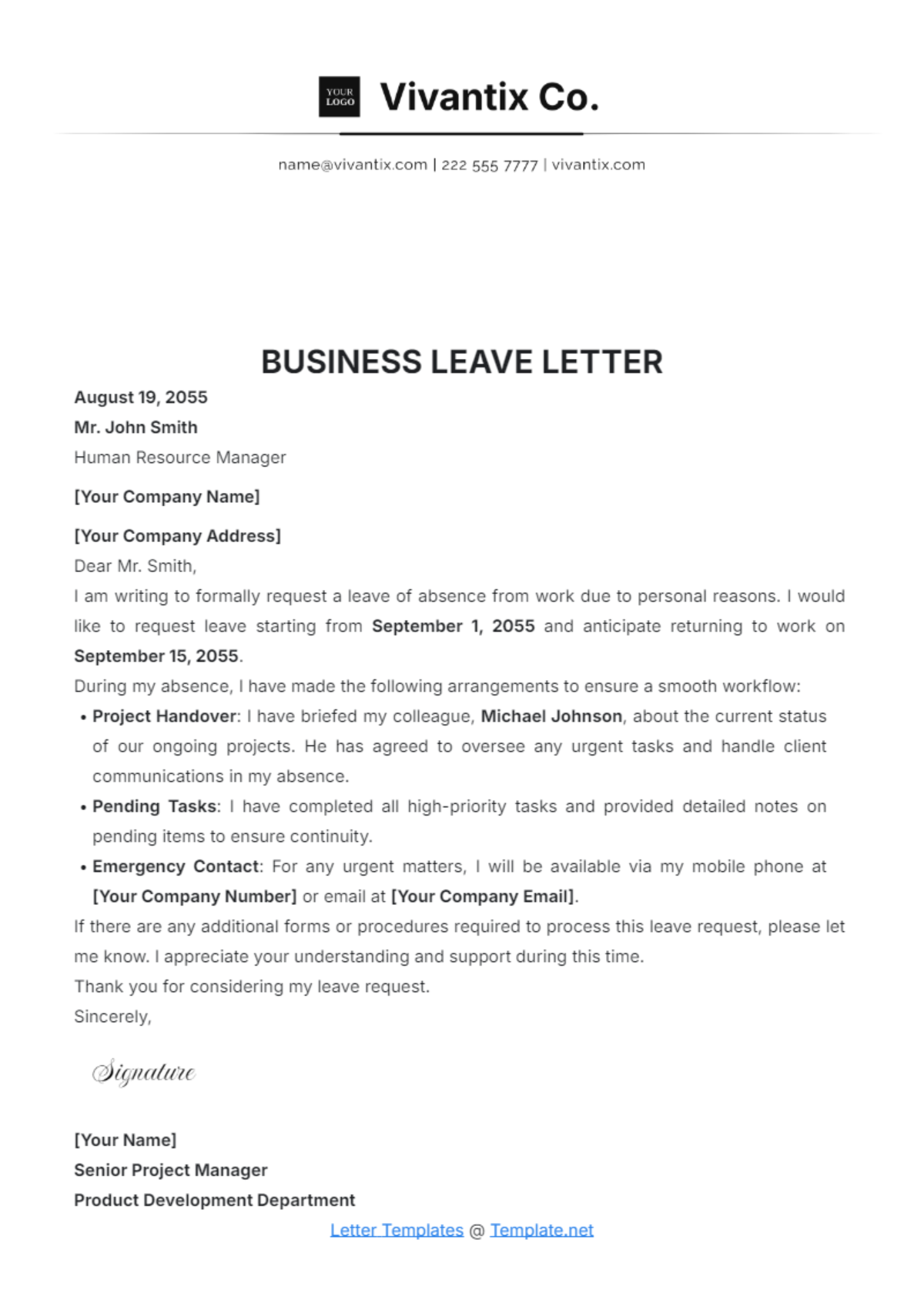 Business Leave Letter Template - Edit Online & Download