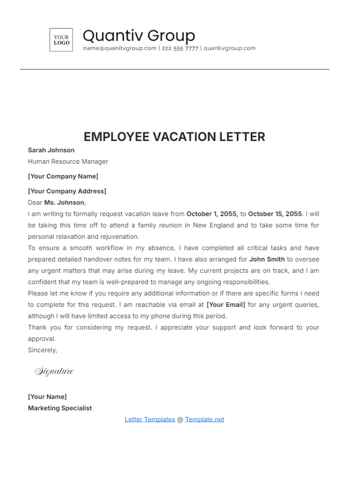 Employee Vacation Letter Template - Edit Online & Download