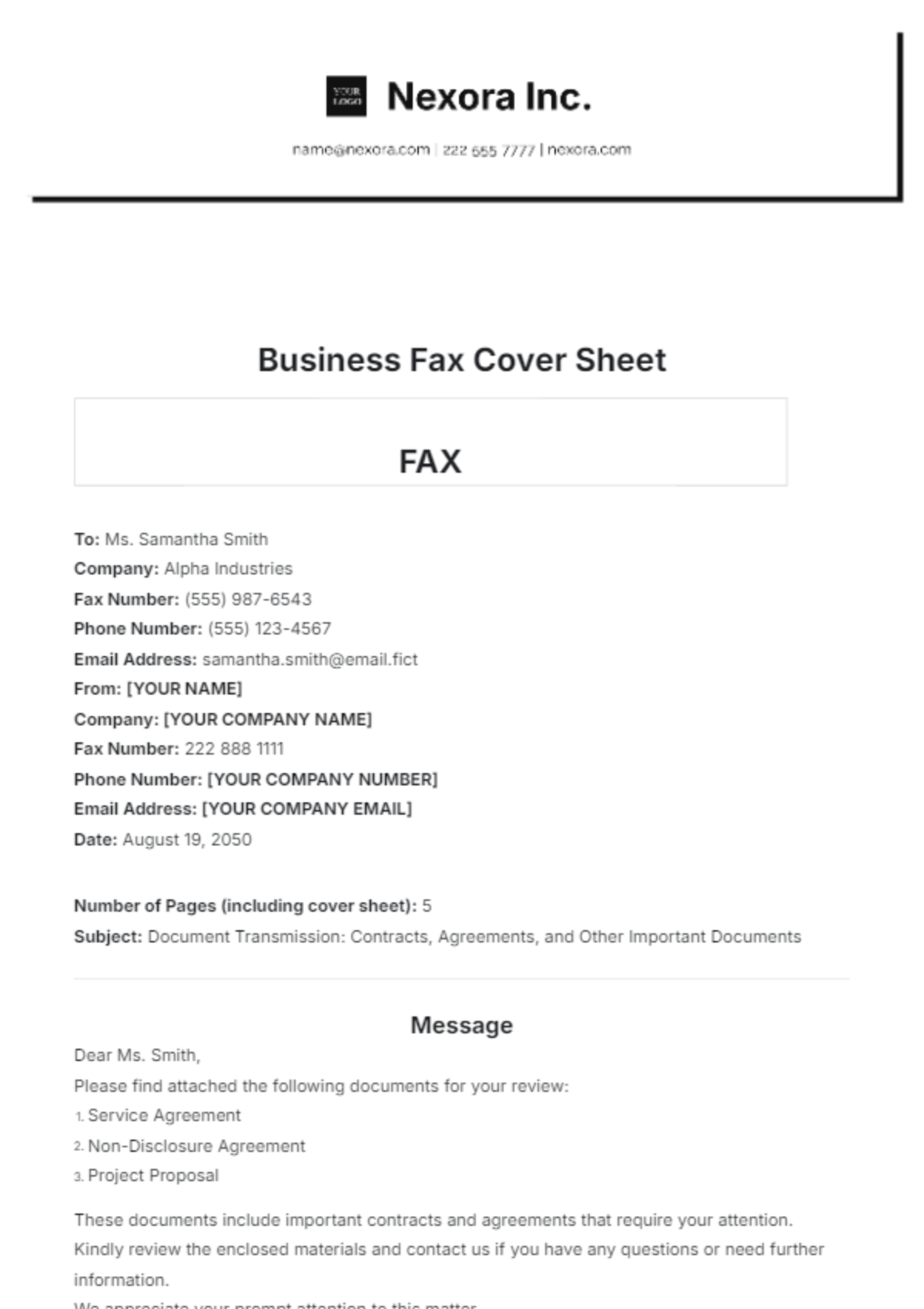 Business Fax Cover Sheet Template - Edit Online & Download Example ...