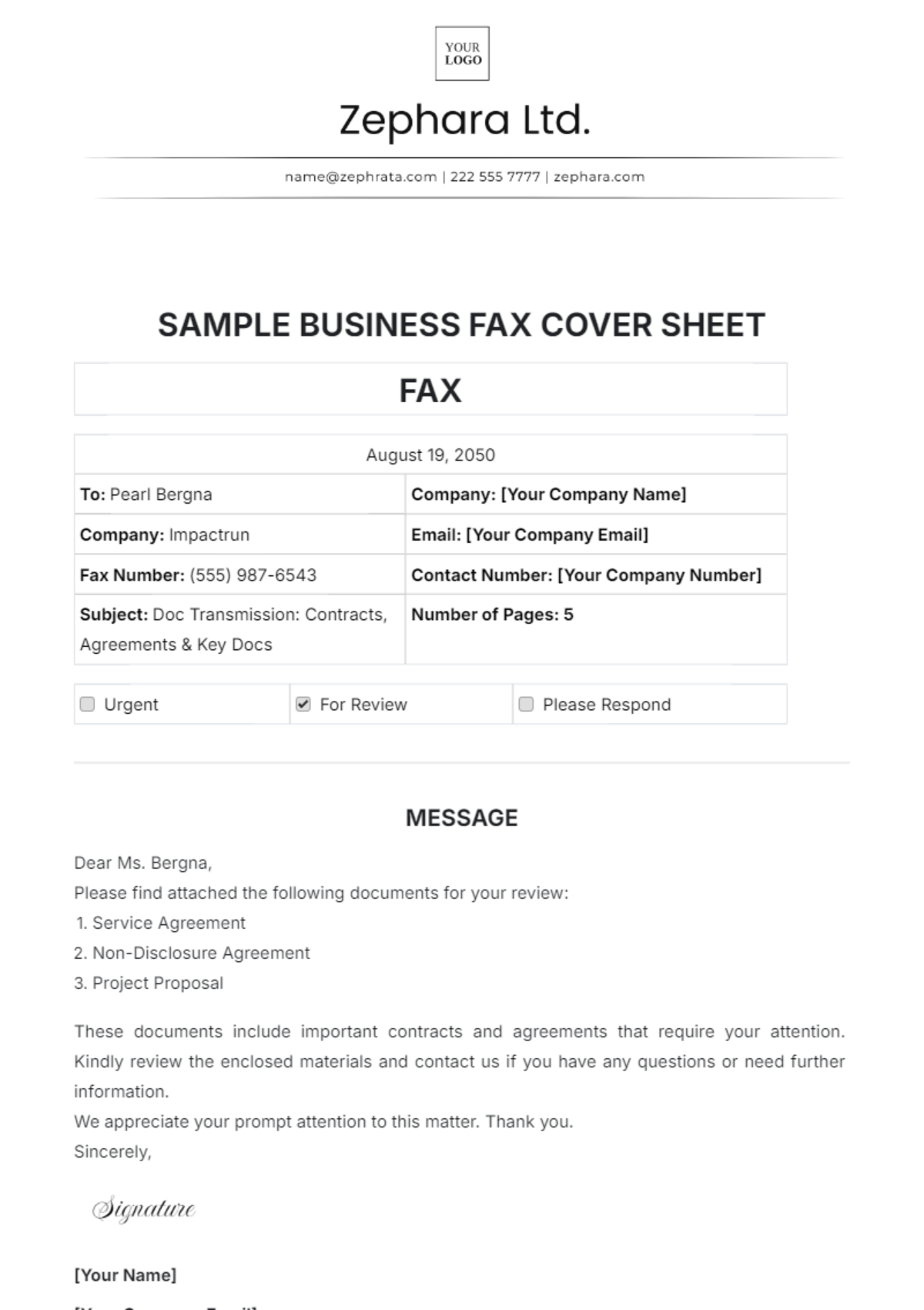 Free Sample Business Fax Cover Sheet Template - Edit Online & Download ...