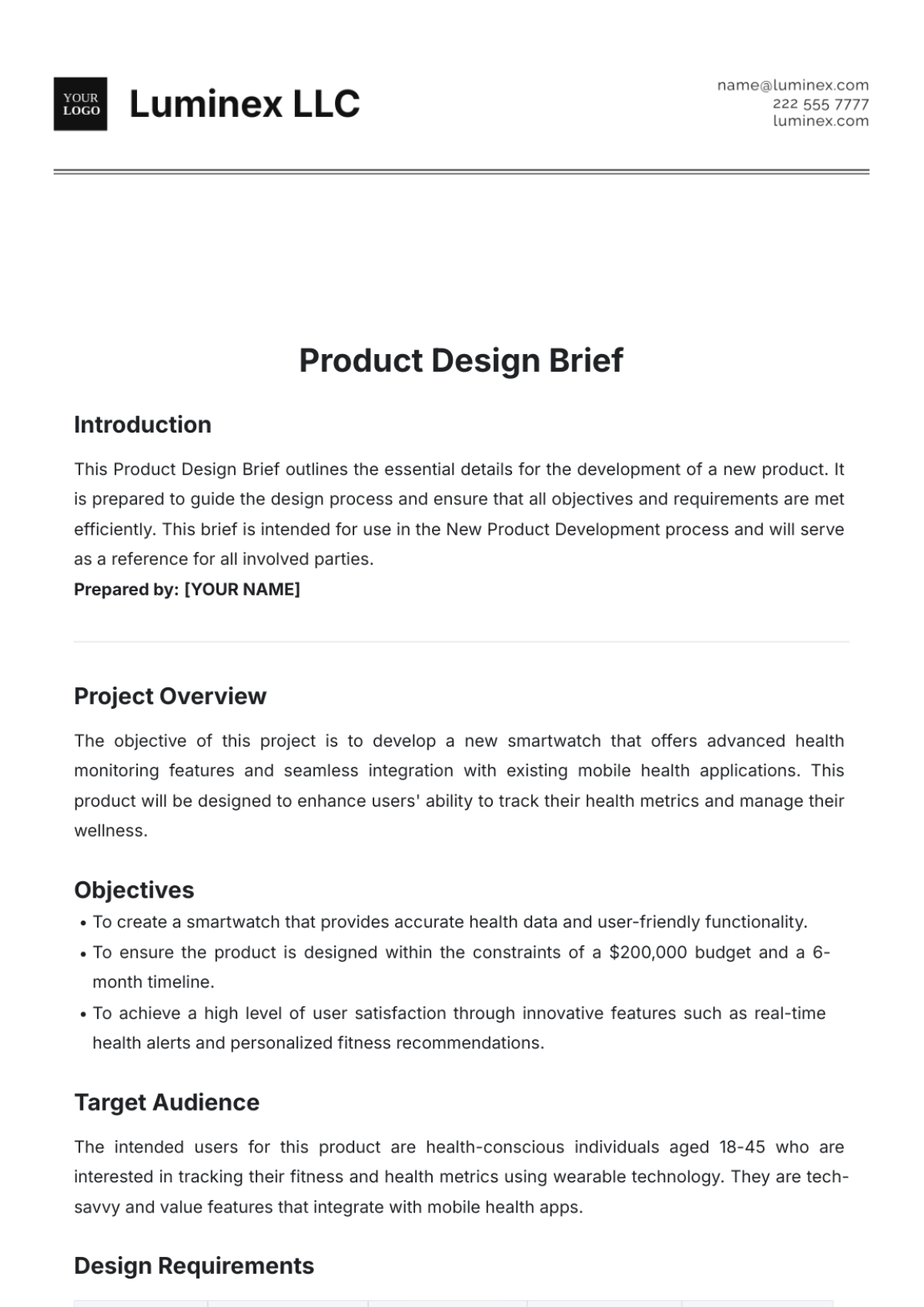 Product Design Brief Template