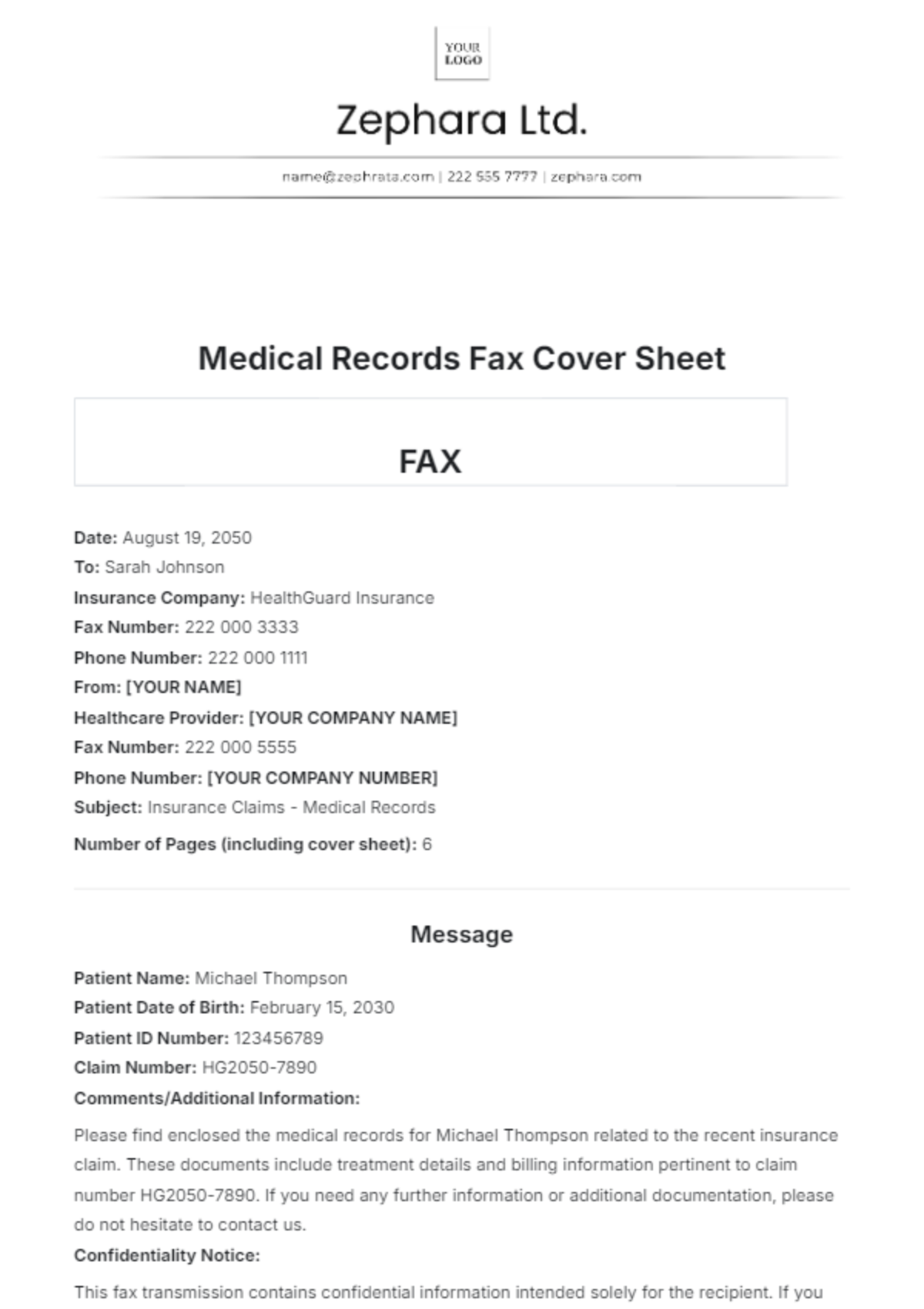 Medical Records Fax Cover Sheet Template - Edit Online & Download