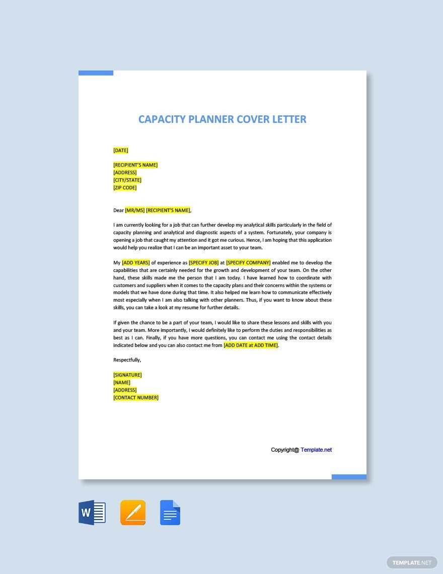 Capacity Planner Cover Letter