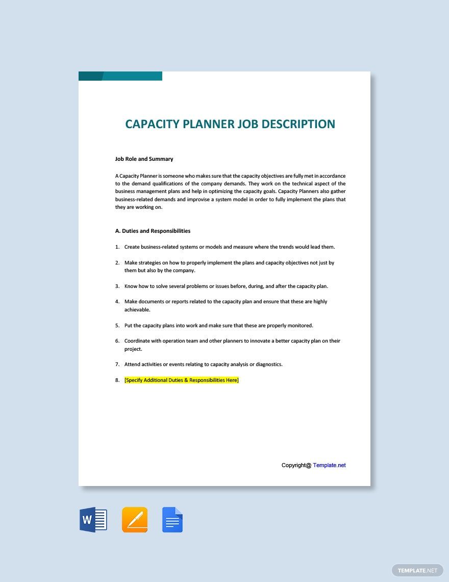 Free Capacity Planner Job AD/Description Template