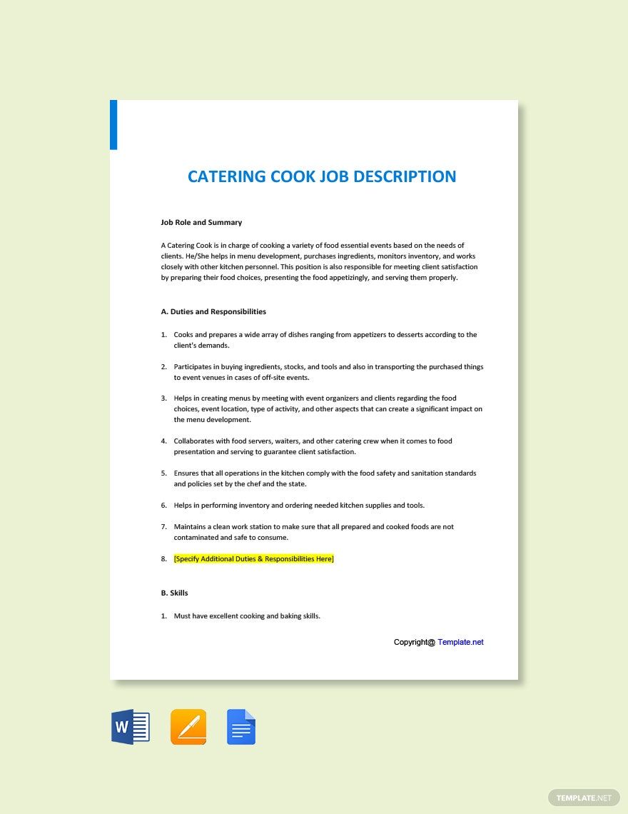 Free Catering Cook Job AD/Description Template
