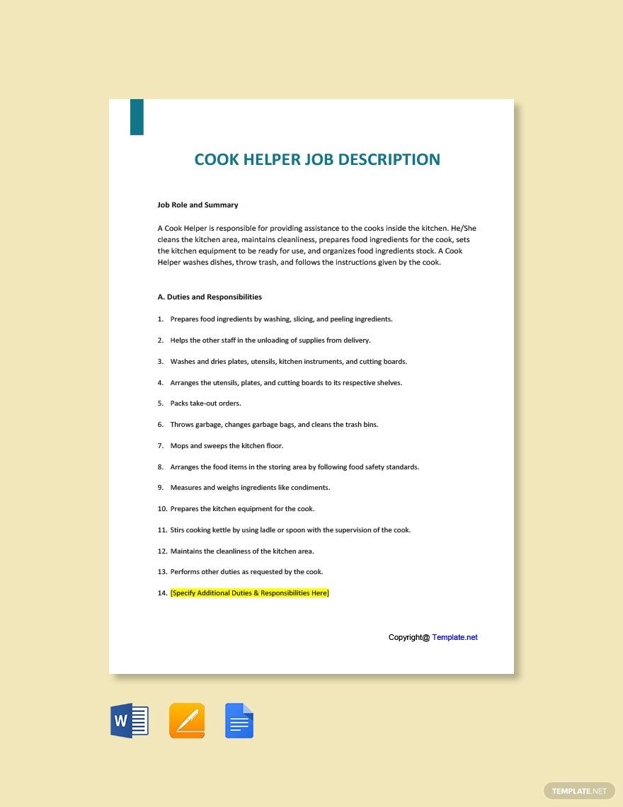 Cook Helper Job AD/Description Template