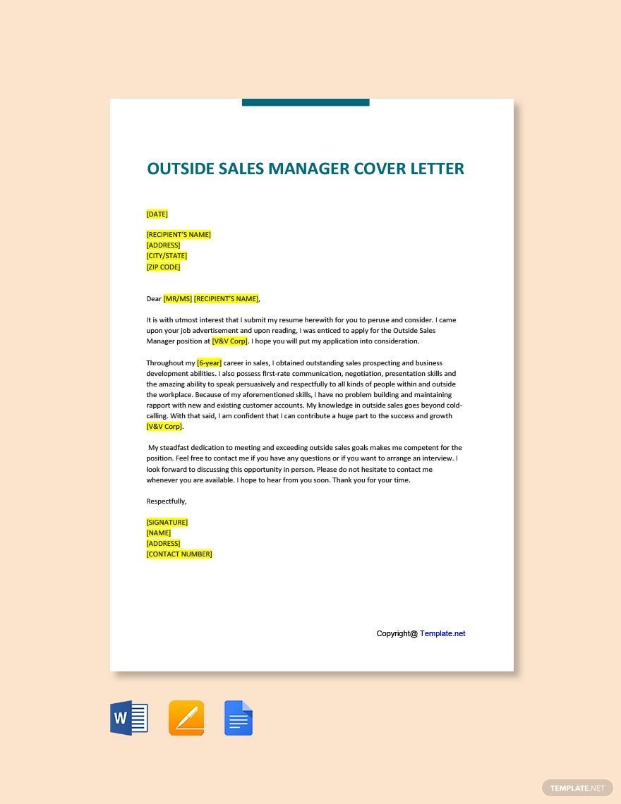 Outside Sales Manager Cover Letter