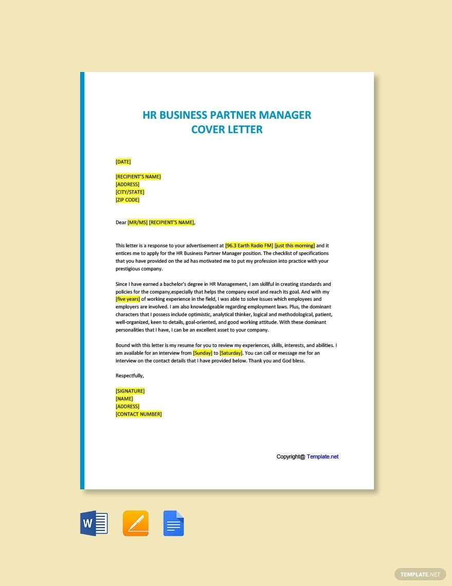 HR Business Partner Manager Cover letter