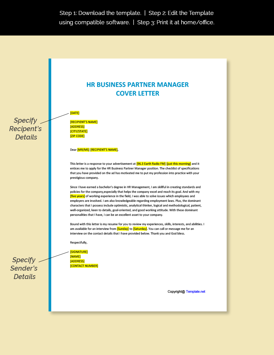 HR Business Partner Manager Cover letter Template