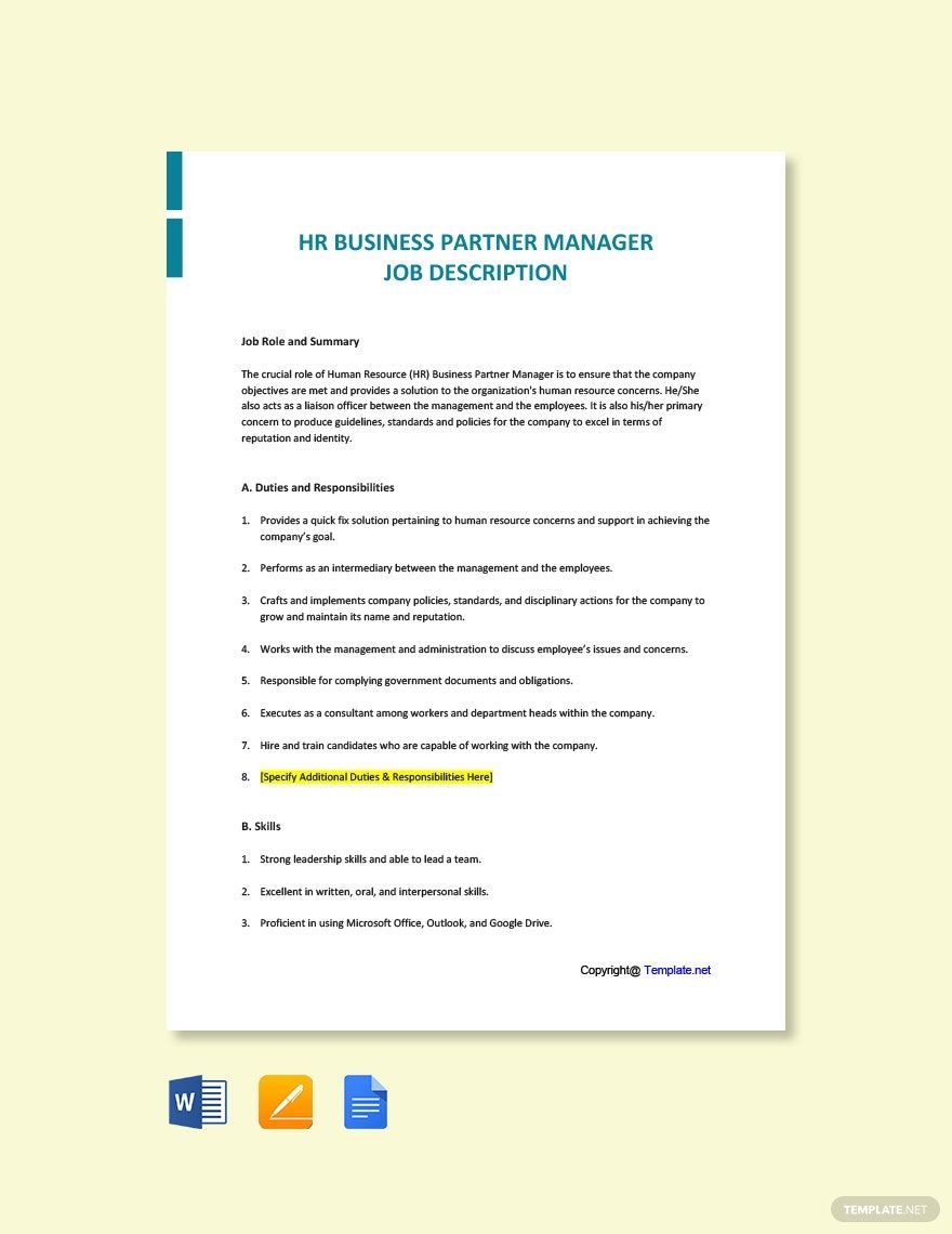 HR Business Partner Manager Job AD/Description Template