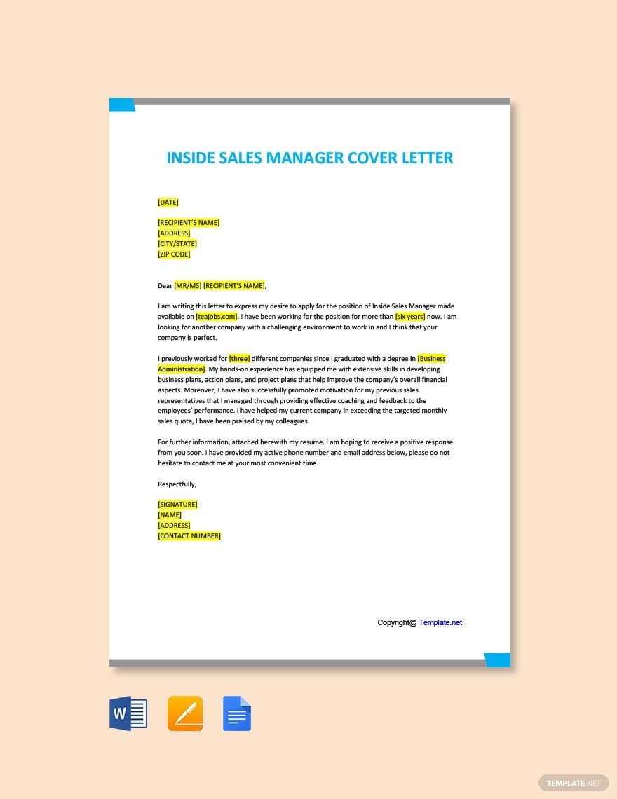 Inside Sales Manager Cover Letter Template