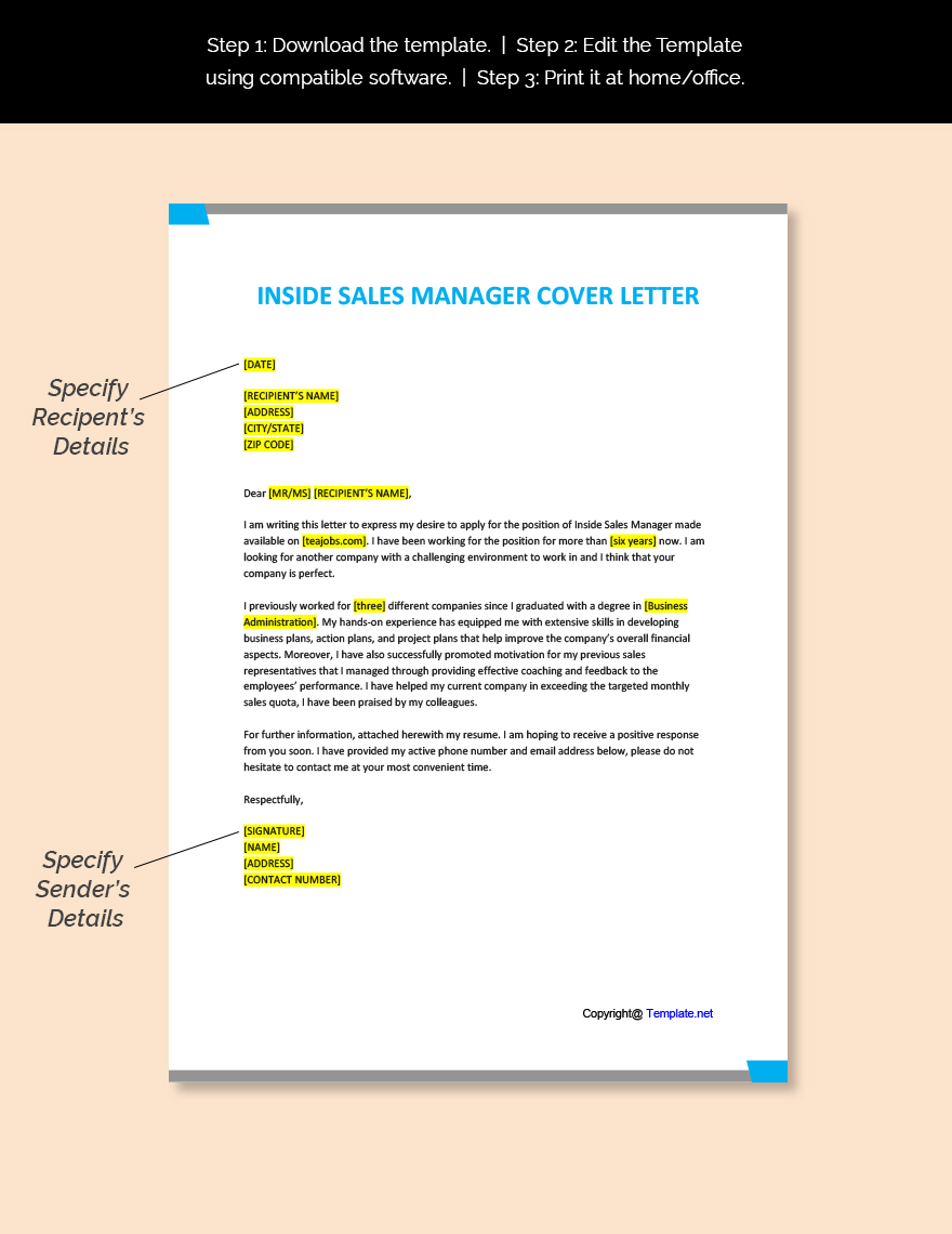Inside Sales Manager Cover Letter Template