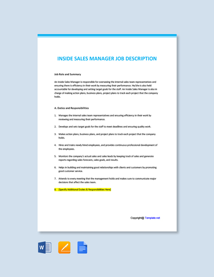 Free Inside Sales Manager Job Description Template - Google Docs, Word