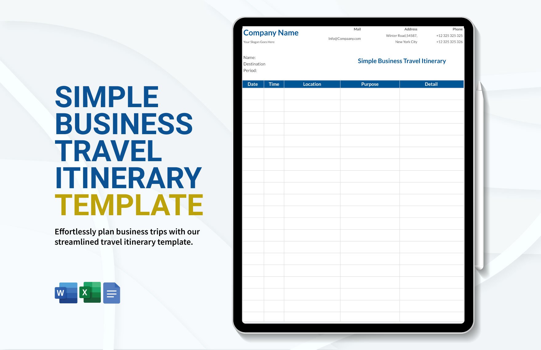 Simple Business Travel Itinerary Template in Word, Google Docs, Google Sheets