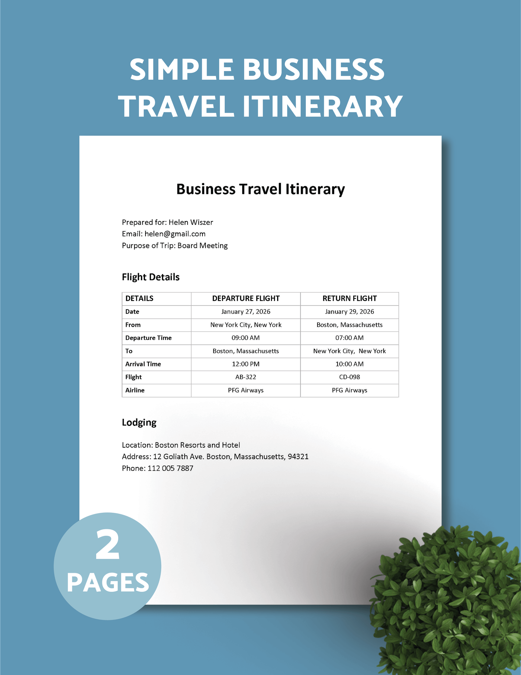 Simple Business Travel Itinerary Template