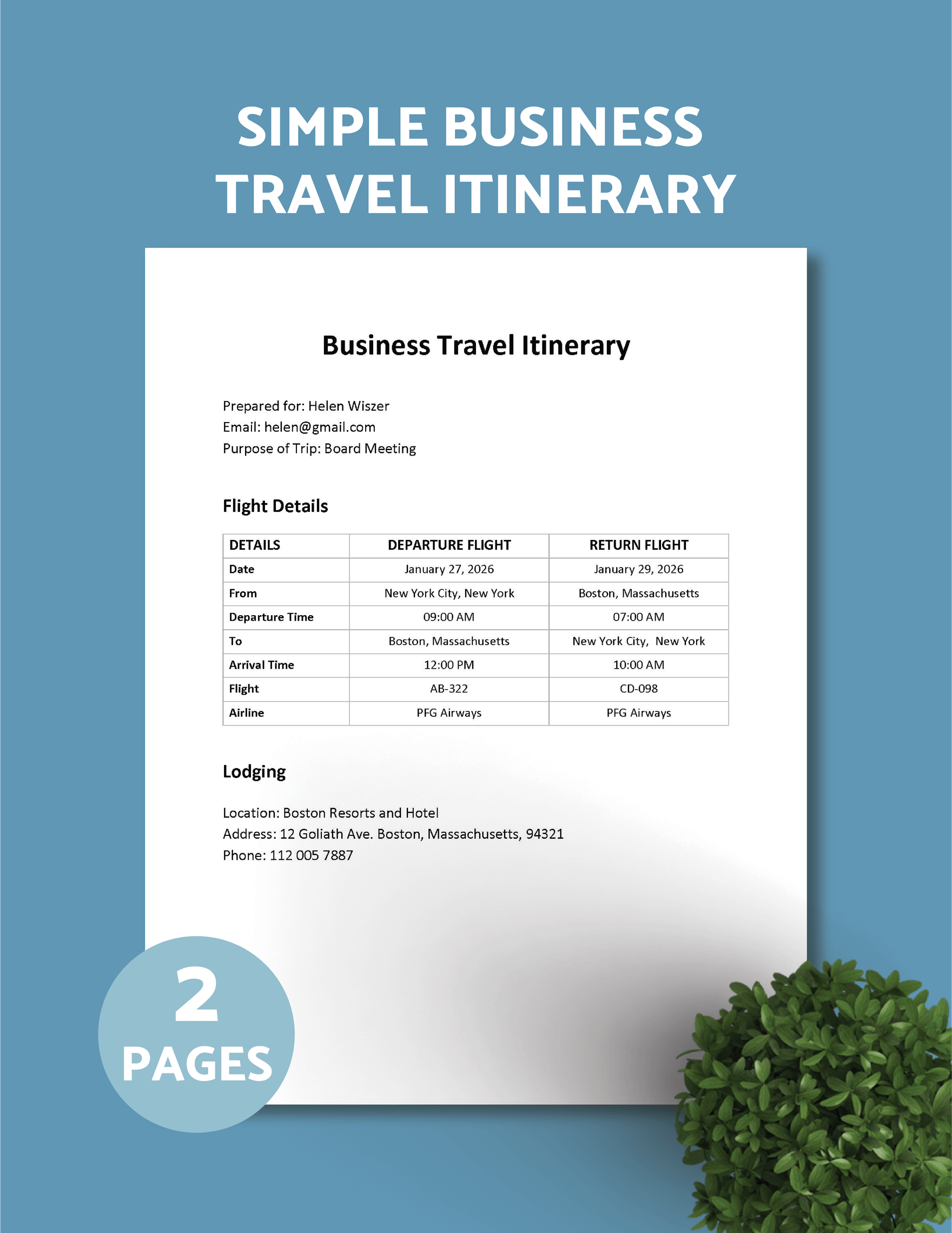 Simple Business Travel Itinerary Template in Google Sheets, Google Docs, Word - Download | Template.net