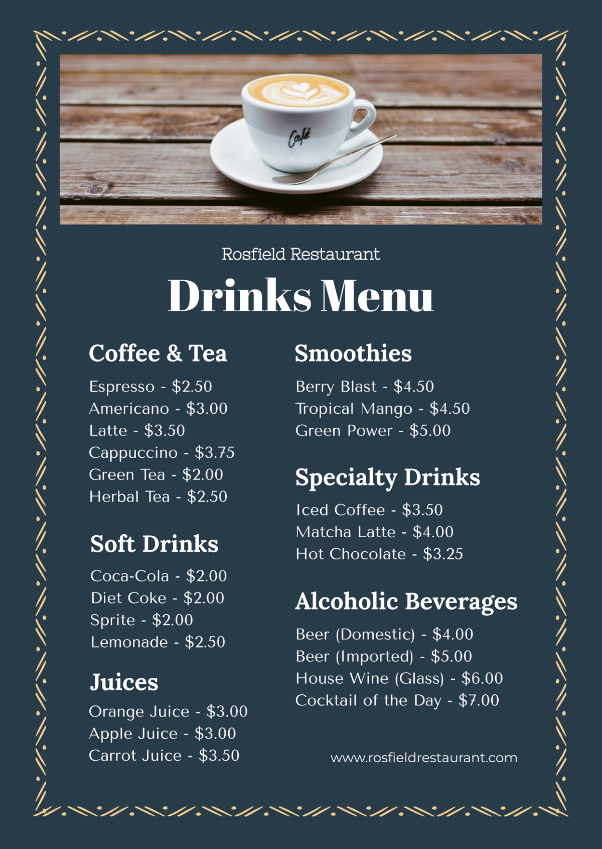 Free Sample Drinks Menu Template to Edit Online