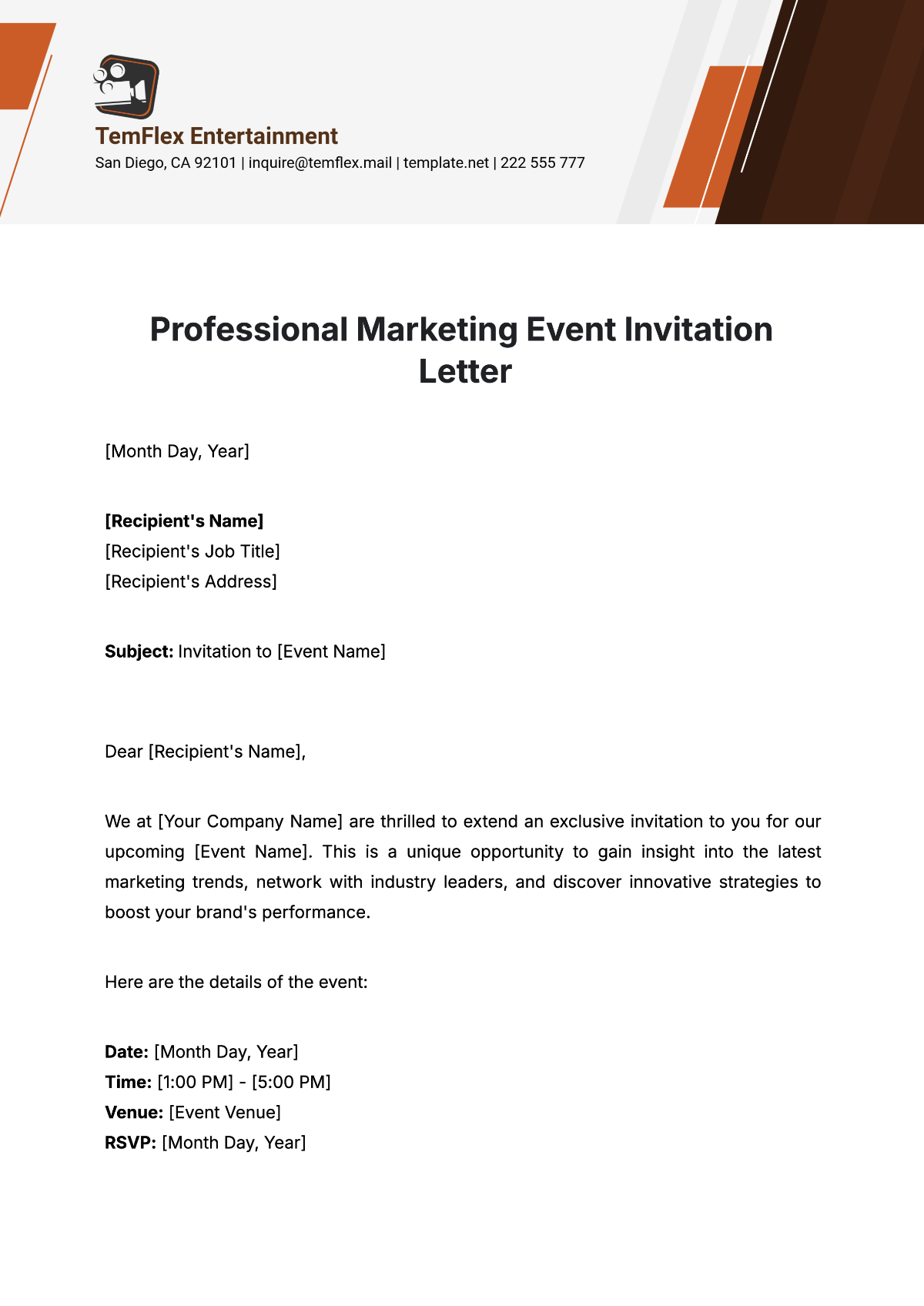 Professional Marketing Event Invitation Letter Template - Edit Online & Download