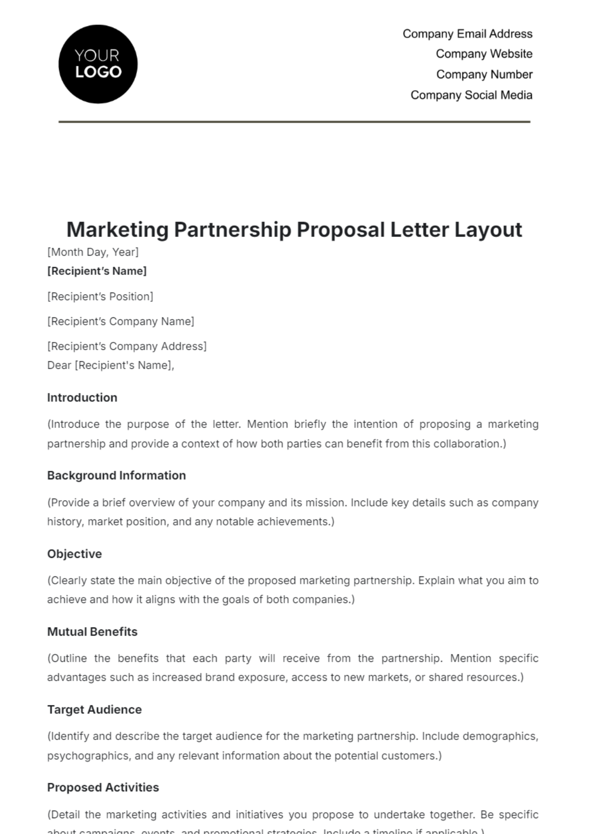 Marketing Partnership Proposal Letter Layout Template - Edit Online & Download