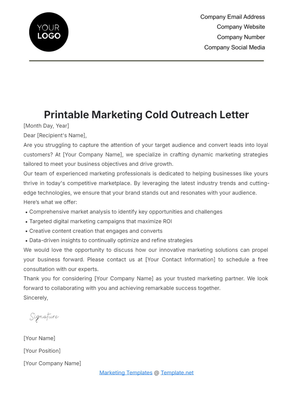 Printable Marketing Cold Outreach Letter Template - Edit Online & Download