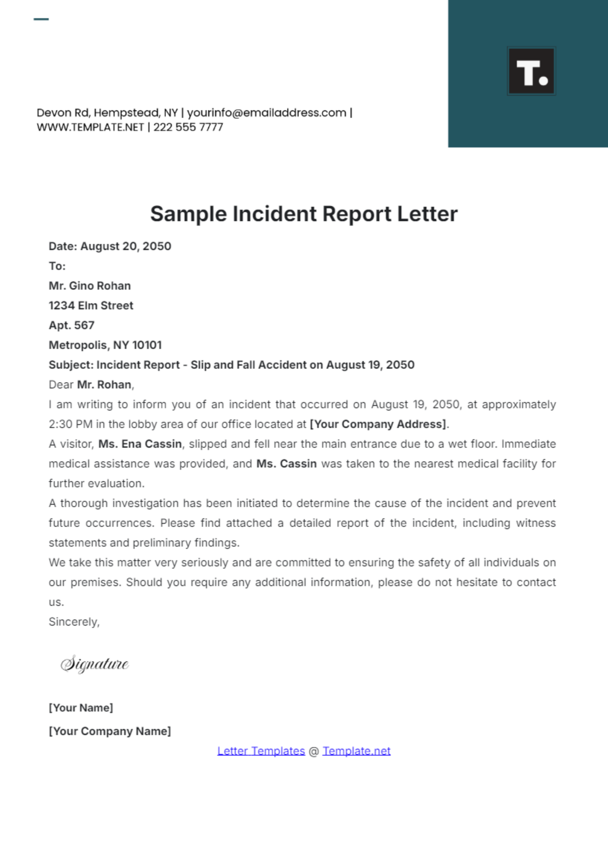 Free Incident Report Letter Sample Template - Edit Online & Download ...