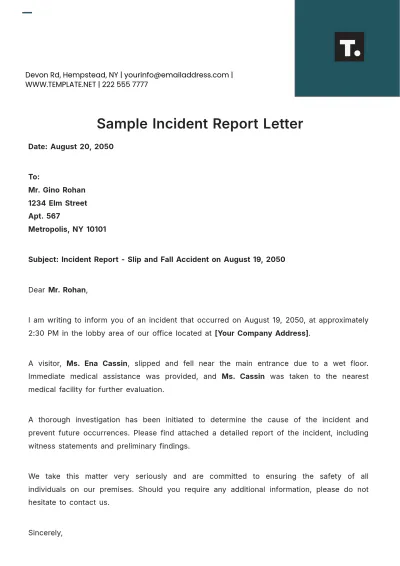 Free Incident Report Letter Sample Template to Edit Online