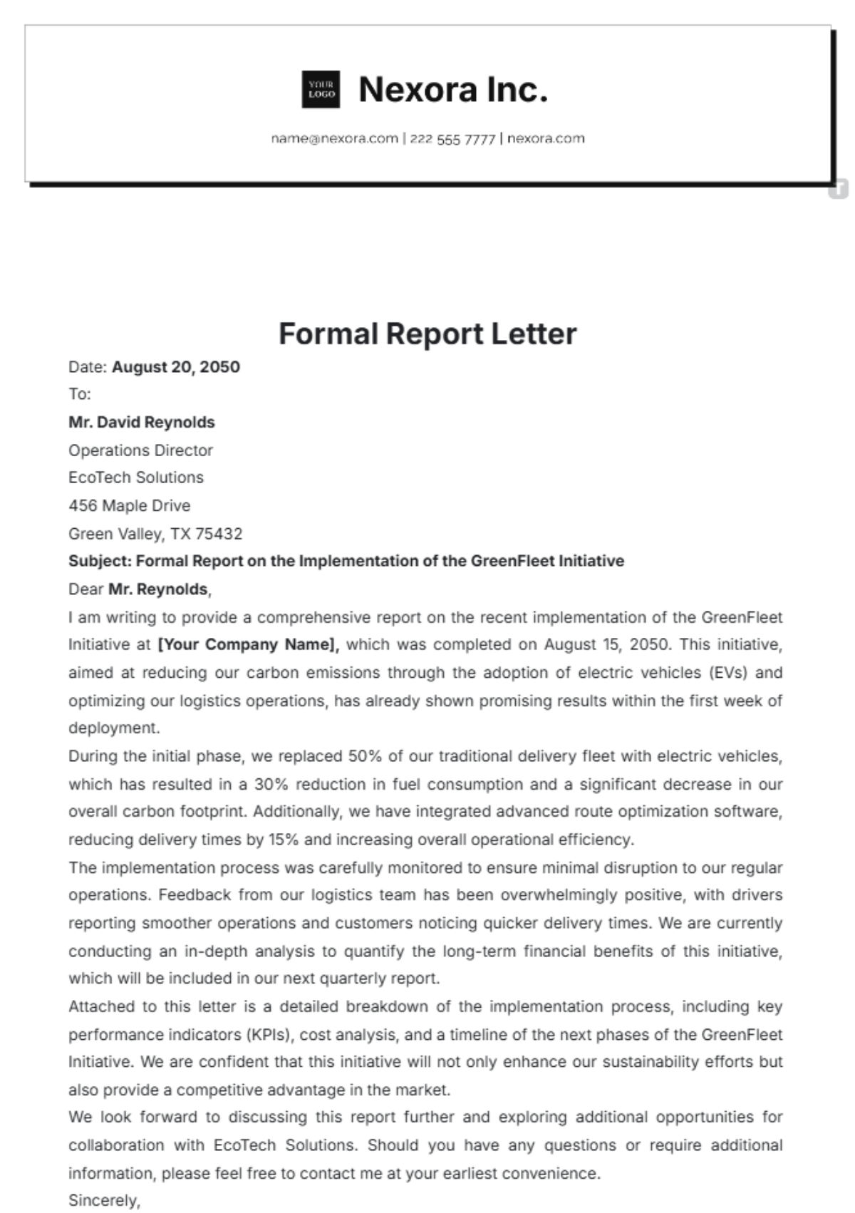 Formal Report Letter Template