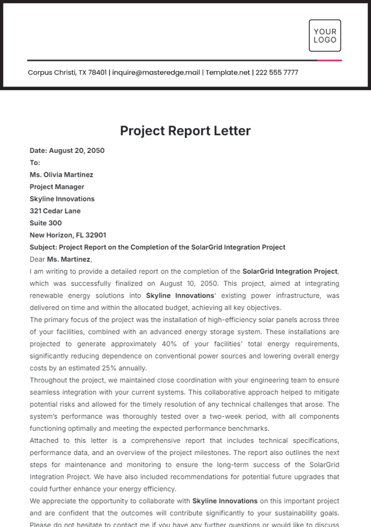 Project Report Letter Template - Edit Online & Download