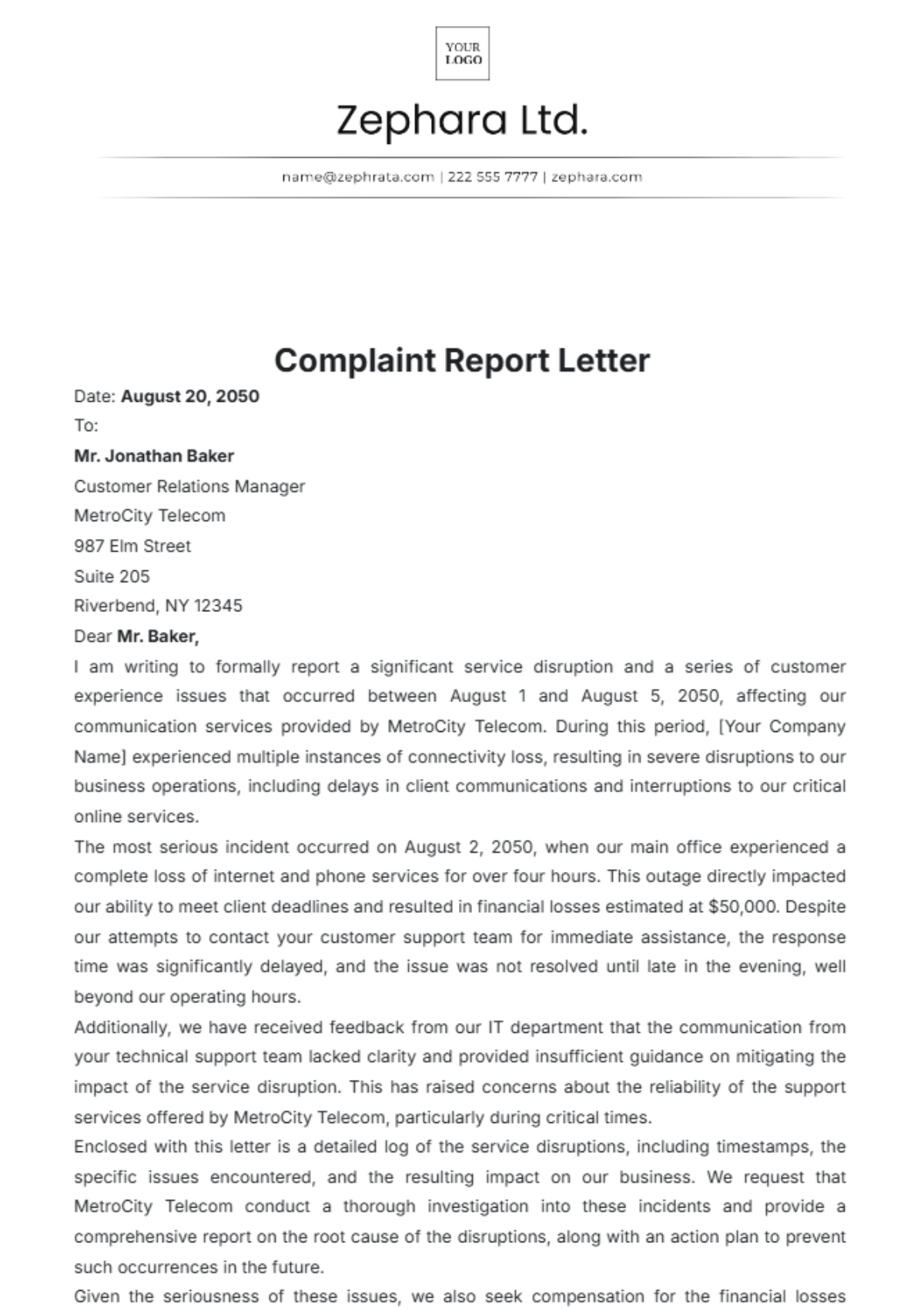 Complaint Report Letter Template