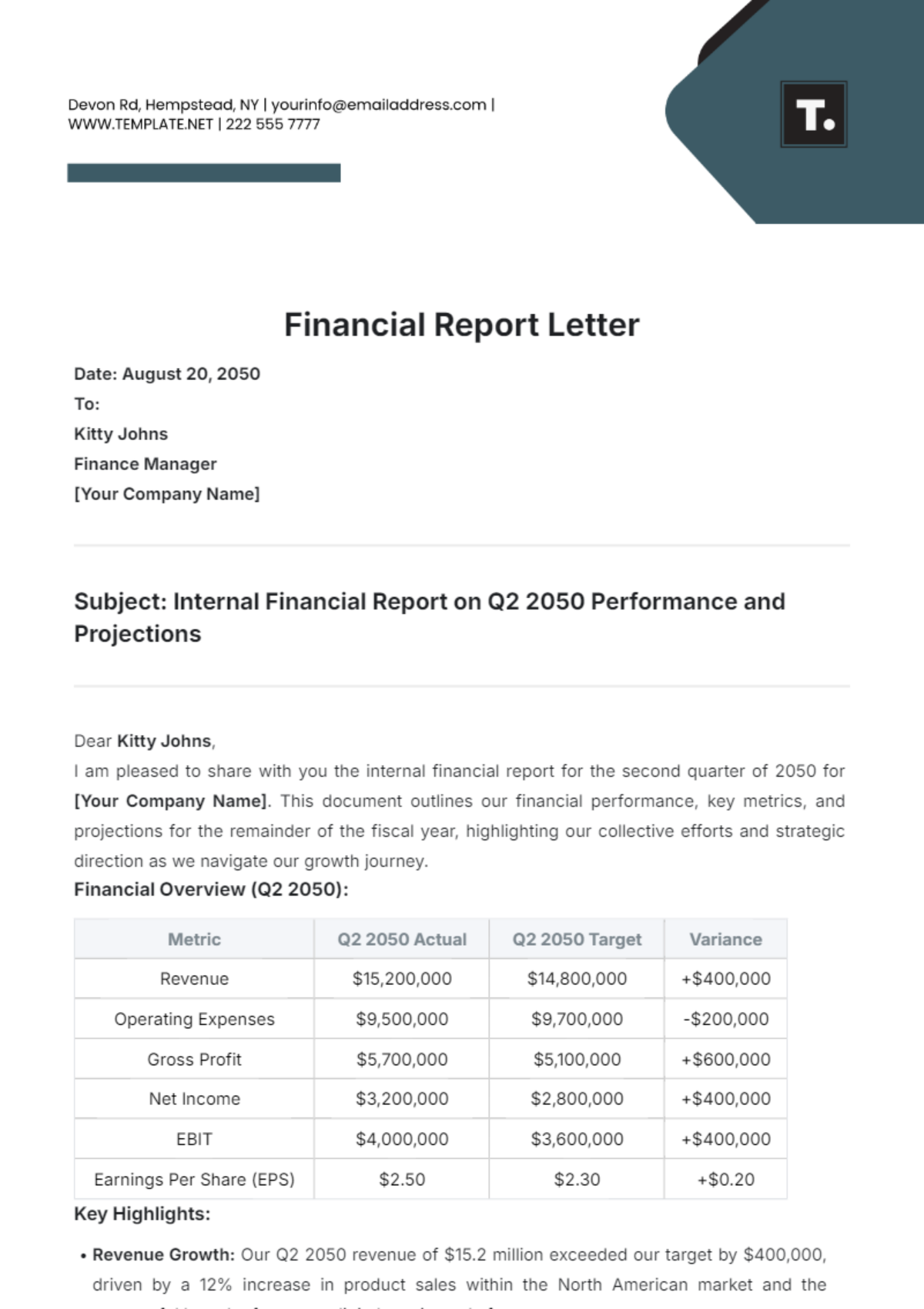 Financial Report Letter Template - Edit Online & Download