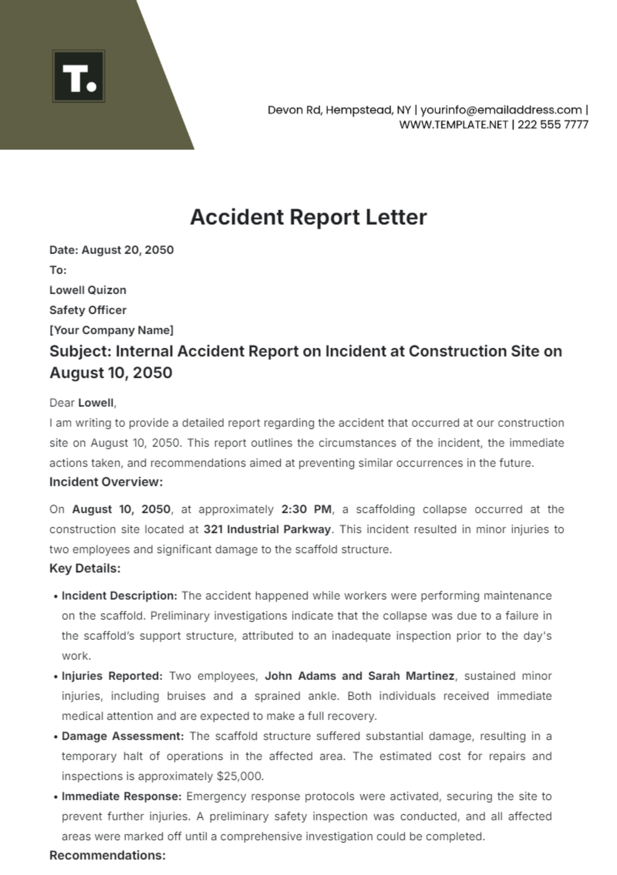 Accident Report Letter Template - Edit Online & Download